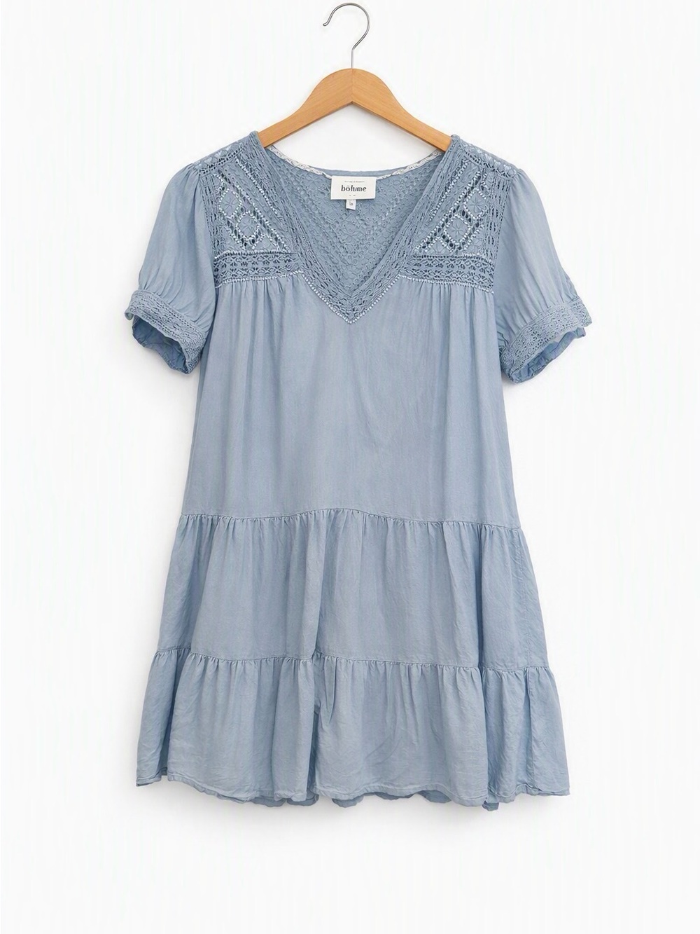 bohme Light Blue Lace-Trim Tiered V-Neck Dress